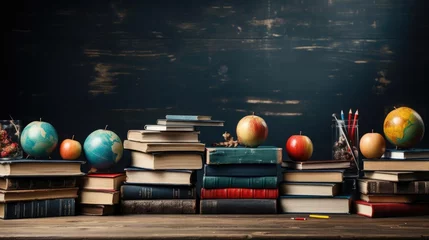 Foto op Plexiglas pile of books, stationery and apples on a wooden table with a minimalist background © GradPlanet
