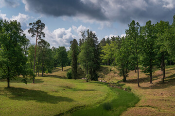 View of the Upper Park of the Oranienbaum Palace and Park Ensemble and the valley of the Karasta River on a sunny summer day, Lomonosov, St. Petersburg, Russia