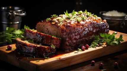 delicious meatloaf with vegetable topping, black and blurred background