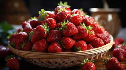 Closeup Strawberries in a bamboo basket with blur background