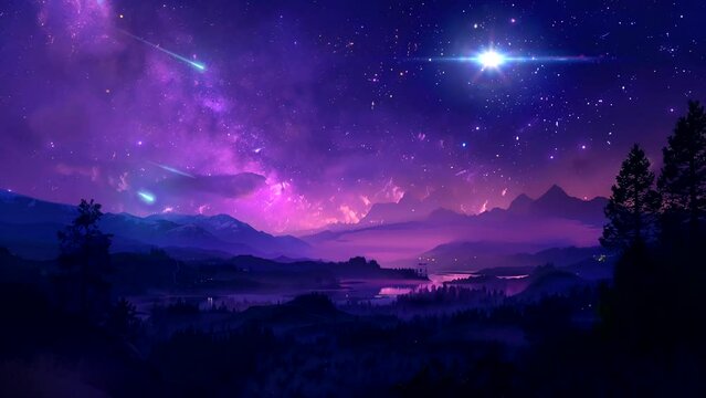 Enchanted Purple Night Sky: Celestial Mystique and Ethereal Beauty. Seamless looping 4k time-lapse video animation background 