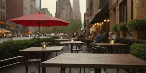 A quaint street café nestled in the heart of a bustling city. The wooden tables and chairs, ready for patrons, offer a serene spot amidst the urban rush.