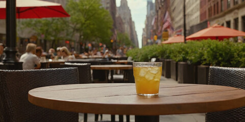 A refreshing glass of orange juice sits on a table at a street café, offering a vibrant contrast to the bustling cityscape. A moment of tranquility amidst urban energy.