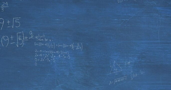 Animation of layers of mathematical formulae and equations over blue chalkboard