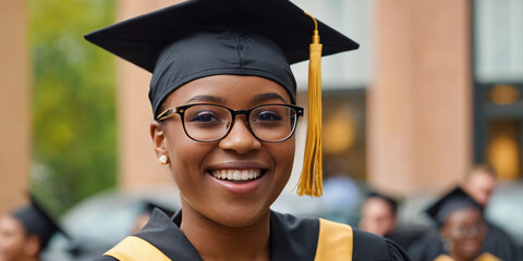 An African graduate, her joy subtly captured despite the blurred features, stands against her alma mater. Her robe, a testament to her journey of academic triumph. - obrazy, fototapety, plakaty