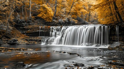 waterfall in autumn season, yellow leaves in the forest 