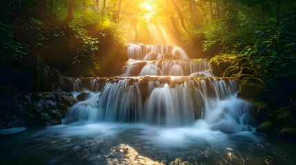 Waterfall flowing through the middle of a lush forest, sunlight shining, nature