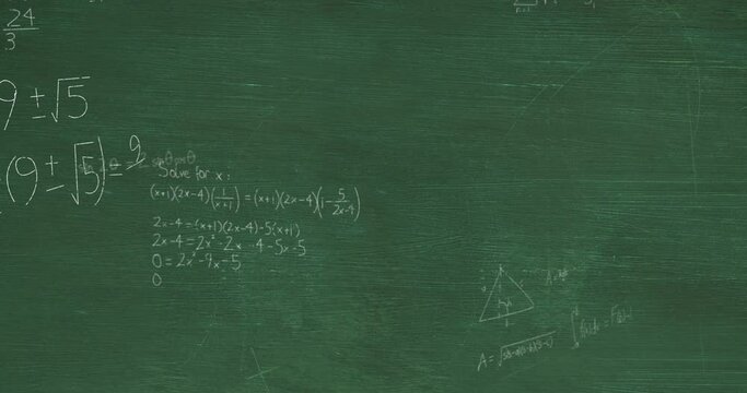 Animation of layers of mathematical formulae and equations over green chalkboard