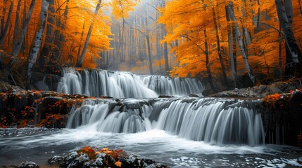 A waterfall in the middle of the forest surrounded by trees with orange leaves, autumn season, the charm of the forest