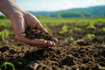 土を触る手/農業と大地のイメージ　A farmer's hand touching the soil. Images of the earth, nature, and agriculture. Asian.Generative AI