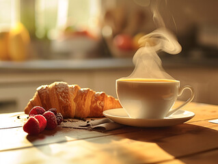A white cup filled with brown coffee sits on a wooden table next to a flaky croissant. The...