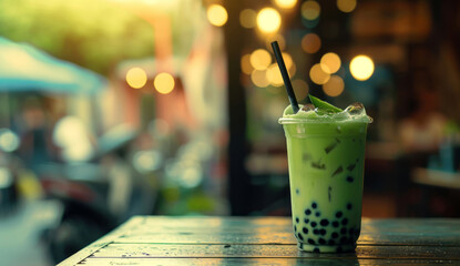 A smoothie or bubble tea, with green tea in the background, is presented, showcasing tactile landscapes, a solarization effect, and a dotted design. - obrazy, fototapety, plakaty