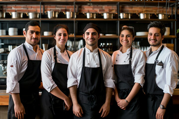 Argentinian professional service staff, salesperson and cook in modern restaurant.