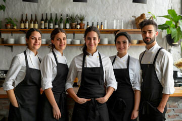 Greek professional service staff, salesperson and cook in modern restaurant.