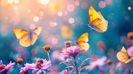 Yellow butterflies are seen flying over flowers, captured in a bokeh panorama, showcasing bright and vibrant colors.