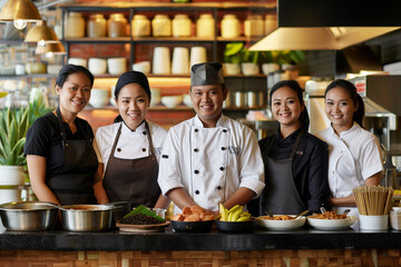 Indonesian professional service staff, salesperson and cook in modern restaurant.
