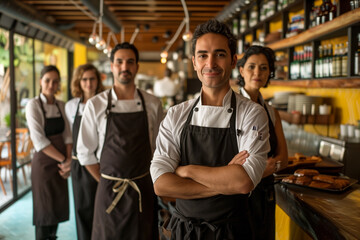 Spain professional service staff, salesperson and cook in modern restaurant. - Powered by Adobe