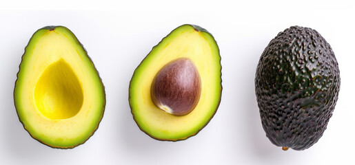 A ripe avocado is presented on a white background, showcasing muted aesthetics, minimalist compositions, a bird's-eye view, deconstructed pop, and colors of dark brown and dark black.