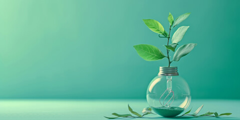 A sustainable growth concept with a plant growing in a light bulb with green branches, showcasing decorative backgrounds, delicate paper cutouts, kitchen still life