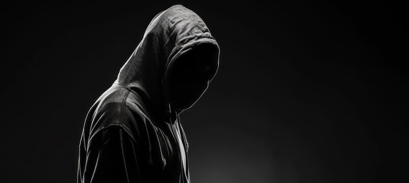 A silhouette of a person in a hoodie is presented against a dark background, showcasing boldly black and white aesthetics and social and political commentary.