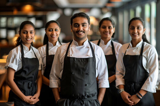 Indian professional service staff, salesperson and cook in modern restaurant.