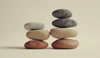 Two pairs of pebbles are seen stacking vertically on top of each other, showcasing surrealistic elements, minimalist images, and warm color palettes. - obrazy, fototapety, plakaty
