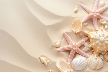 Fototapeta na wymiar Starfish and shells can be seen on sand, showcasing minimalist backgrounds and colors of light pink and beige.
