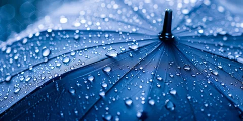 Foto op Plexiglas A blue umbrella, on top of the rain, is presented, showcasing a soft-focus technique, a close-up view, and colors of light white, dark aquamarine, dark indigo, and blue against a white background. © Duka Mer