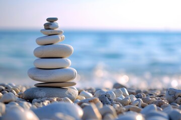 Stacked pebbles are presented on the beach near the ocean, showcasing zen-inspired aesthetics, monumental forms, and colors of light white and light azure. - obrazy, fototapety, plakaty