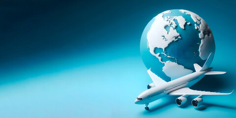 Fototapeta premium airplane with an Earth globe isolated on a blue background, Banner with space for text