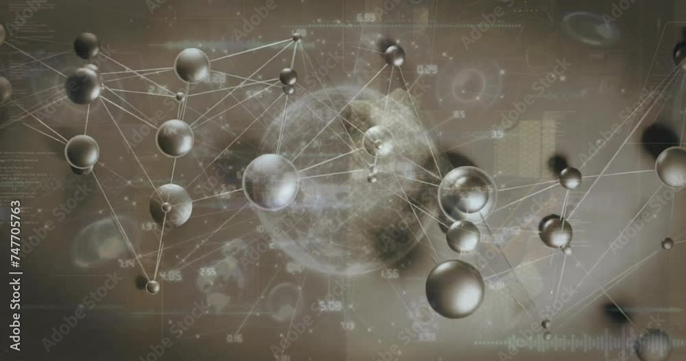 Poster animation of network of connections and data processing over grey background