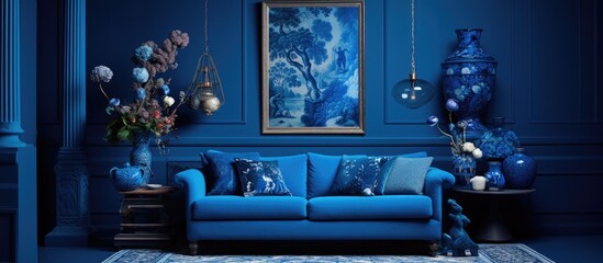 A living room with blue walls and furniture, including a sofa, coffee table, and armchair. The room is well-lit, with a cozy atmosphere. The blue color scheme adds a modern touch to the space.