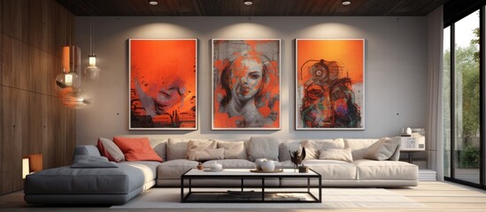 This living room is filled with various pieces of furniture, including a sofa, coffee table, armchairs, and shelves displaying numerous paintings on the walls.