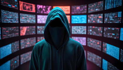 a figure in a hoodie is in front of screens, face obscured. the screens display colors, representing the ongoing battle between good and evil in the cyber security world