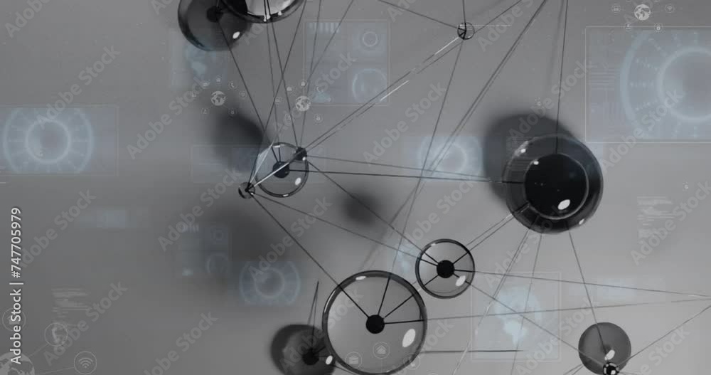 Poster animation of network of connections and data processing over grey background
