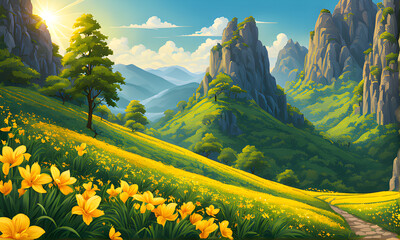 landscape with flowers and mountains