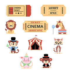 Vector illustration of cute and colorful circus animal set. Cute circus animals and clown character design.