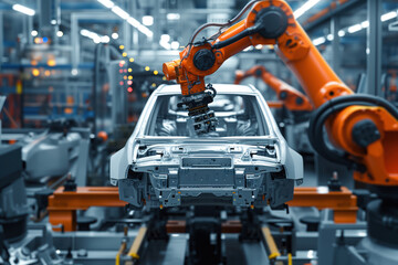 Auto industry robots assemble cars on high tech assembly line in modern automobile factory AI Generative