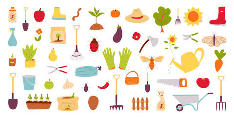 a set of elements for garden care. Gardening Tools for processing plants and soil Shovel Rake pitchfork Ax saw scissors. plants gloves boots hat.  pumpkin carrots tomato pear pepper apple garlic.