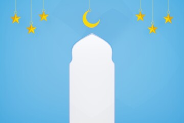 Ramadan blue background islamic star and crescent gold 3d illustration rendering
