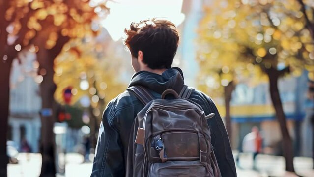 Handsome young man with backpack walking on the street in autumn