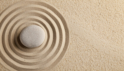 Zen rock garden. Circle patterns on beige sand, top view; space for text - obrazy, fototapety, plakaty