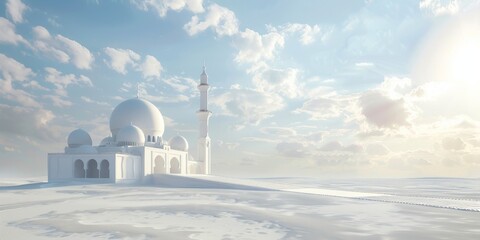 white mosque in the middle of the desert, bright blue sky background as free space, Islamic banner poster card design