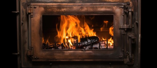 A close-up view of a fire burning inside an old metal stove, with the door slightly ajar. The flames dance and flicker, illuminating the dark interior of the stove.
