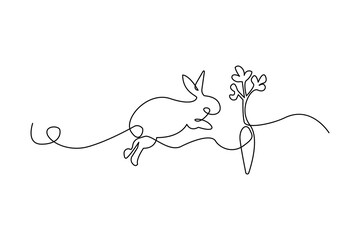 Rabbit beside carrot. One line art. Minimalist design. Vector illustration. EPS 10.