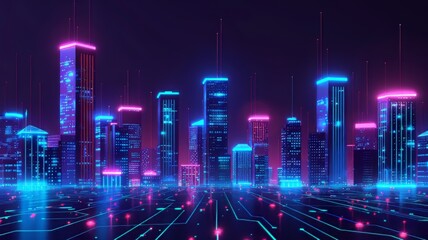 Futuristic city powered by blockchain technology, neon lights illuminating skyscrapers, on black background