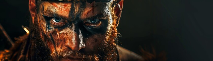 Celtic tribes' warrior in battle, fierce and painted, tradition in war, on black background - obrazy, fototapety, plakaty