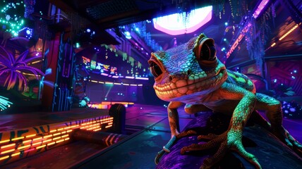 Neon salsa magic, cyber gecko's Carnita adventure, pulsar backdrop, dark with space for storytelling