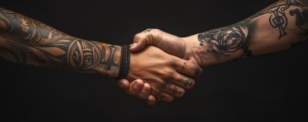 A secretive handshake, tattooed symbols on wrists, a pact of silence, on black background - obrazy, fototapety, plakaty