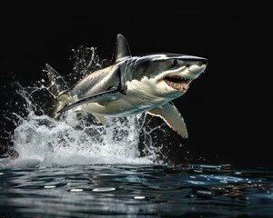 A great white shark leaping dramatically from the ocean, capturing its primal essence, on black background